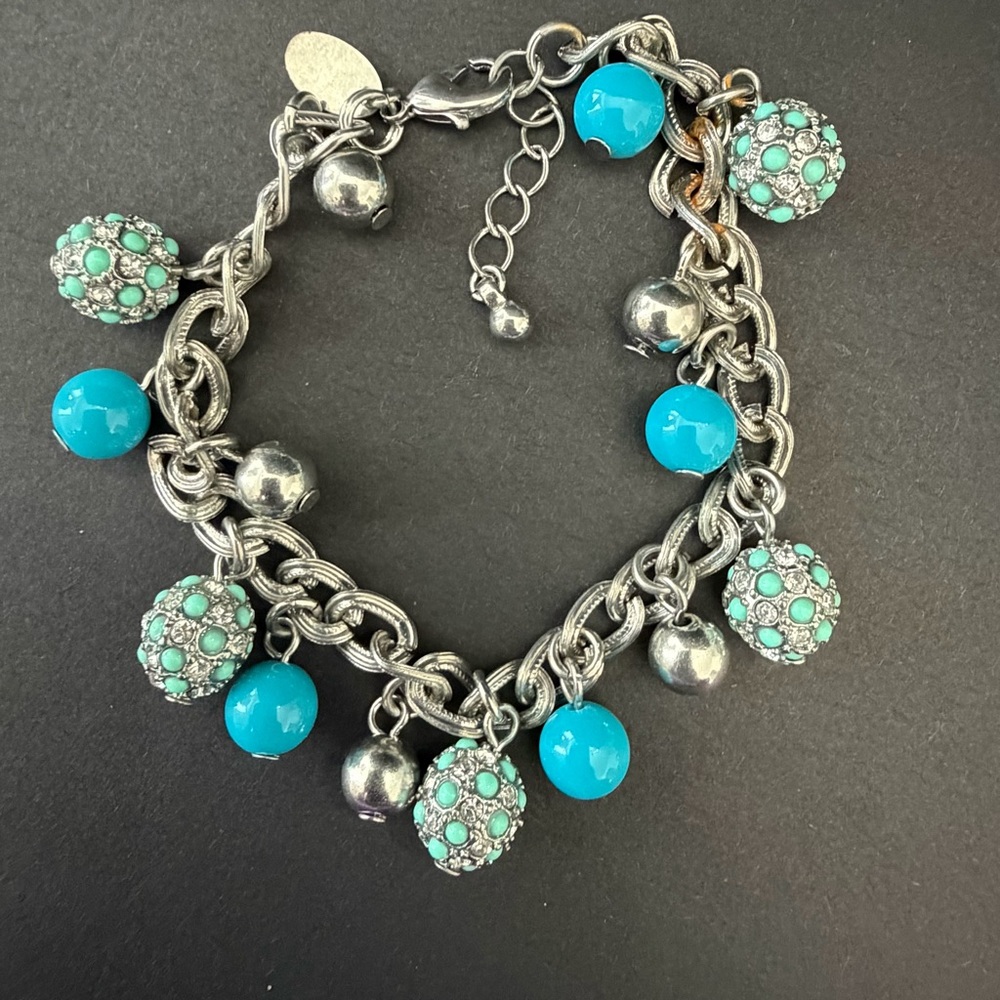 Lia Sophia Silver Textured and Smooth Bracelet with Turquoise Charms